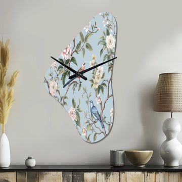 Chinoiserie With Birds and Peonies XIV - Asymmetric Metal Wall Clock